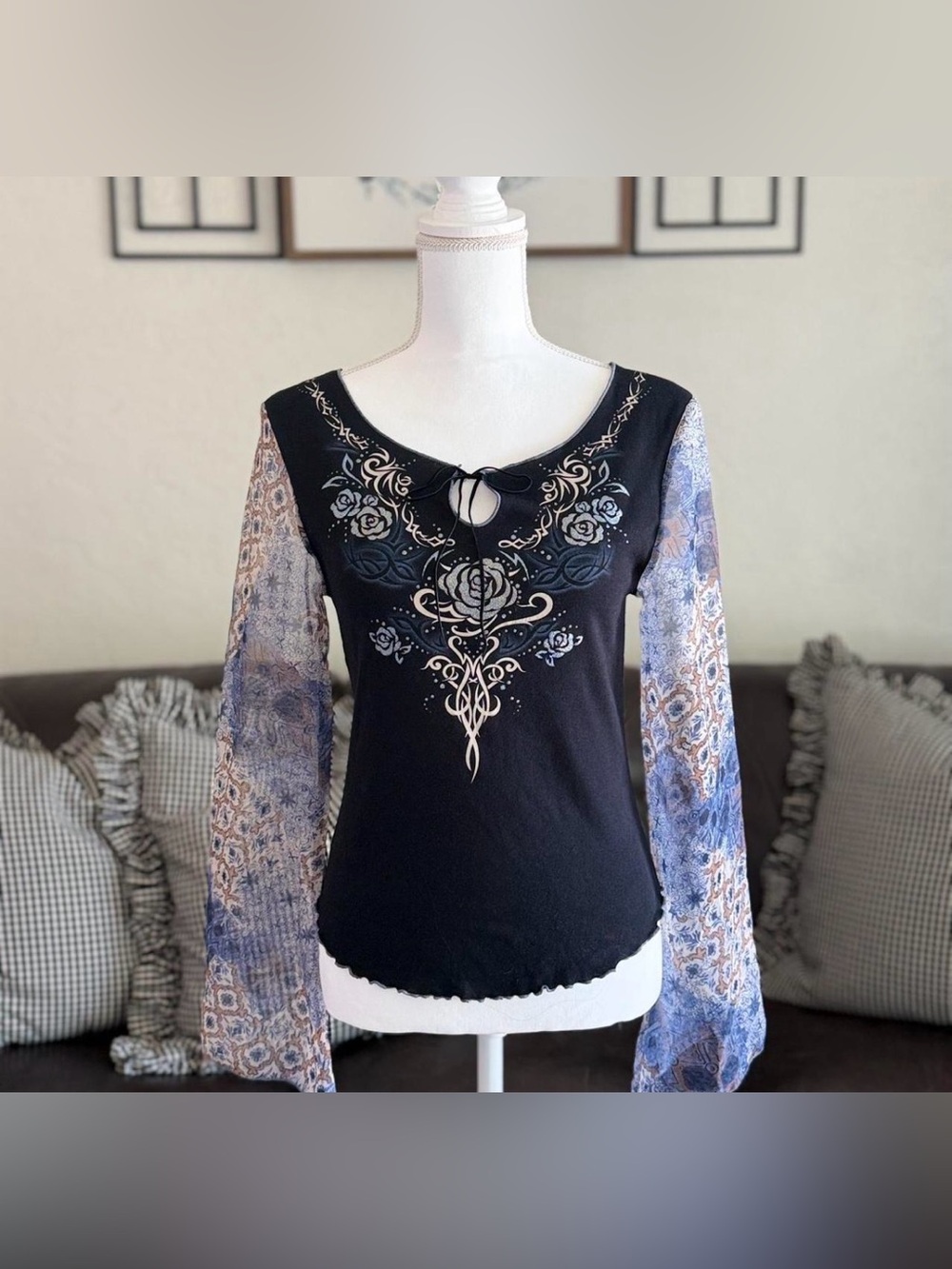 Vintage RARE Fang Y2K Babydoll Top Black & Blue Whimsigoth Sheer Bell Sleeve Top